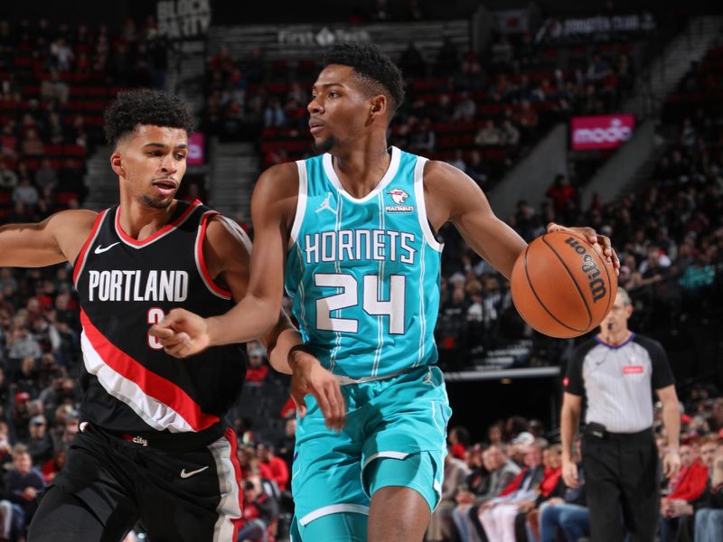 PORTLAND, OR - FEBRUARY 25:  Brandon Miller #24 of the Charlotte Hornets goes to the basket during the game on February 25, 2024 at the Moda Center Arena in Portland, Oregon. NOTE TO USER: User expressly acknowledges and agrees that, by downloading and or using this photograph, user is consenting to the terms and conditions of the Getty Images License Agreement. Mandatory Copyright Notice: Copyright 2024 NBAE (Photo by Cameron Browne/NBAE via Getty Images)