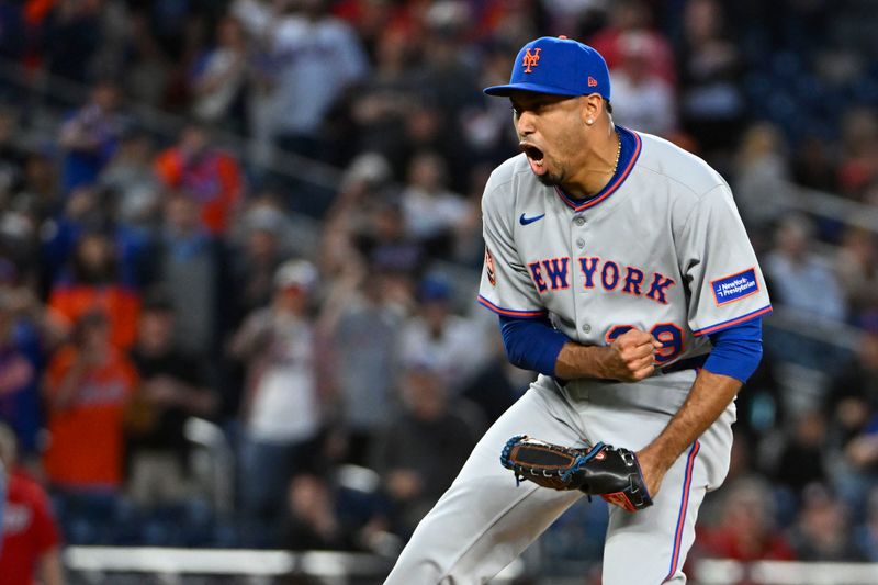 Apr 26, 2025; Washington, District of Columbia, USA; New York Mets pitcher Edwin Díaz (39) celebrates after the final out against the Washington Nationals at Nationals Park. Mandatory Credit: Brad Mills-Imagn Images