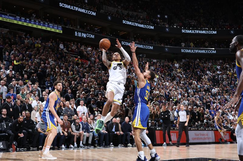 SALT LAKE CITY, UT - FEBRUARY 15: Keyonte George #3 of the Utah Jazz shoots the ball during the game against the Golden State Warriors on February 15, 2024 at Delta Center in Salt Lake City, Utah. NOTE TO USER: User expressly acknowledges and agrees that, by downloading and or using this Photograph, User is consenting to the terms and conditions of the Getty Images License Agreement. Mandatory Copyright Notice: Copyright 2024 NBAE (Photo by Melissa Majchrzak/NBAE via Getty Images)