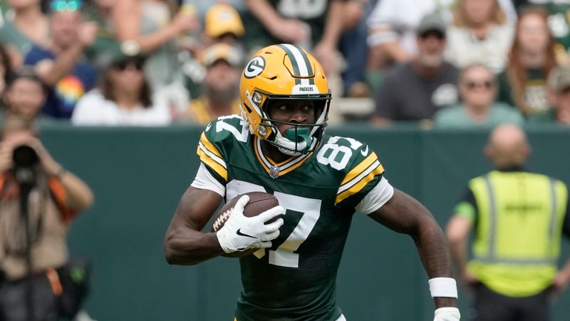 Green Bay Packers' Romeo Doubs during the first half of an NFL football game against the New Orleans Saints Sunday, Sept. 24, 2023, in Green Bay, Wis. (AP Photo/Morry Gash)