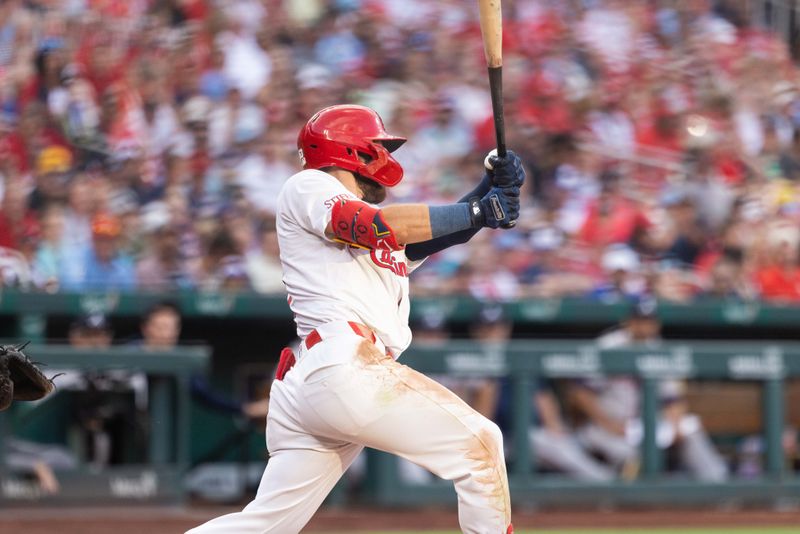 Jun 26, 2024; St. Louis, Missouri, USA; St. Louis Cardinals outfielder Michael Siani (63) hits a base hit in the fifth inning against the Atlanta Braves at Busch Stadium. Mandatory Credit: Zach Dalin-USA TODAY Sports