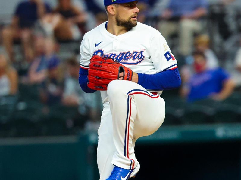 Aug 17, 2024; Arlington, Texas, USA;  Texas Rangers starting pitcher Nathan Eovaldi (17) throws  against the Minnesota Twins during the first inning  at Globe Life Field. Mandatory Credit: Kevin Jairaj-USA TODAY Sports