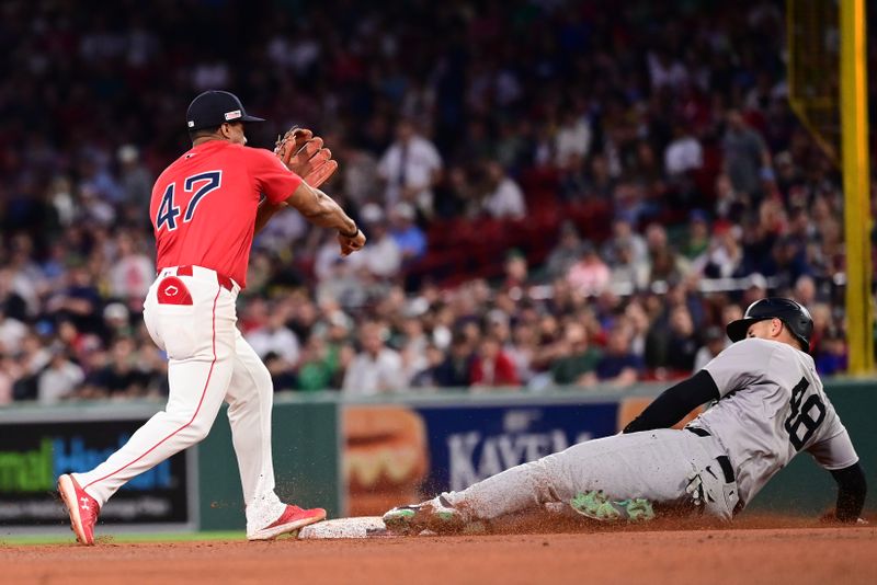 Jun 14, 2024; Boston, Massachusetts, USA;  Boston Red Sox second baseman Enmanuel Valdez (47) forces out New York Yankees first baseman Anthony Rizzo (48) at second base and throws to first for a double play during the fourth inning at Fenway Park. Mandatory Credit: Eric Canha-USA TODAY Sports