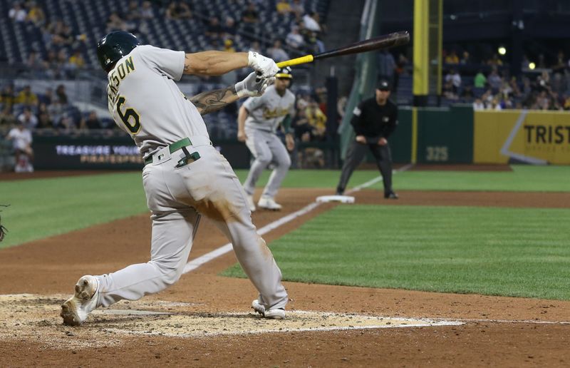 Jun 6, 2023; Pittsburgh, Pennsylvania, USA; Oakland Athletics second baseman Jace Peterson (6) hits an RBI single against the Pittsburgh Pirates during the sixth inning at PNC Park. Mandatory Credit: Charles LeClaire-USA TODAY Sports