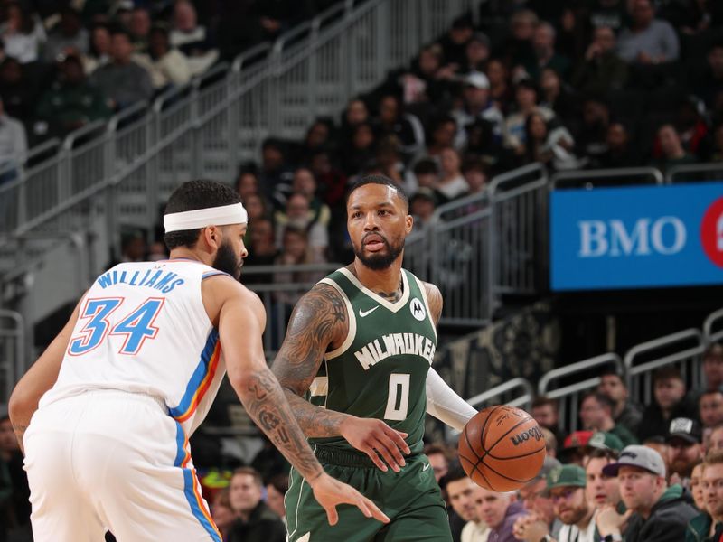 MILWAUKEE, WI - MARCH 24: Damian Lillard #0 of the Milwaukee Bucks handles the ball during the game against the Oklahoma City Thunder on March 24, 2024 at the Fiserv Forum Center in Milwaukee, Wisconsin. NOTE TO USER: User expressly acknowledges and agrees that, by downloading and or using this Photograph, user is consenting to the terms and conditions of the Getty Images License Agreement. Mandatory Copyright Notice: Copyright 2024 NBAE (Photo by Gary Dineen/NBAE via Getty Images).