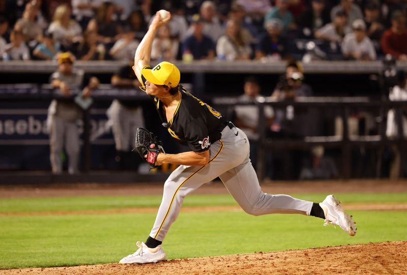 Mar 15, 2024; Tampa, Florida, USA; Pittsburgh Pirates starting pitcher Kyle Nicolas (62) pitches during the fifth inning against the New York Yankees at George M. Steinbrenner Field. Mandatory Credit: Kim Klement Neitzel-USA TODAY Sports