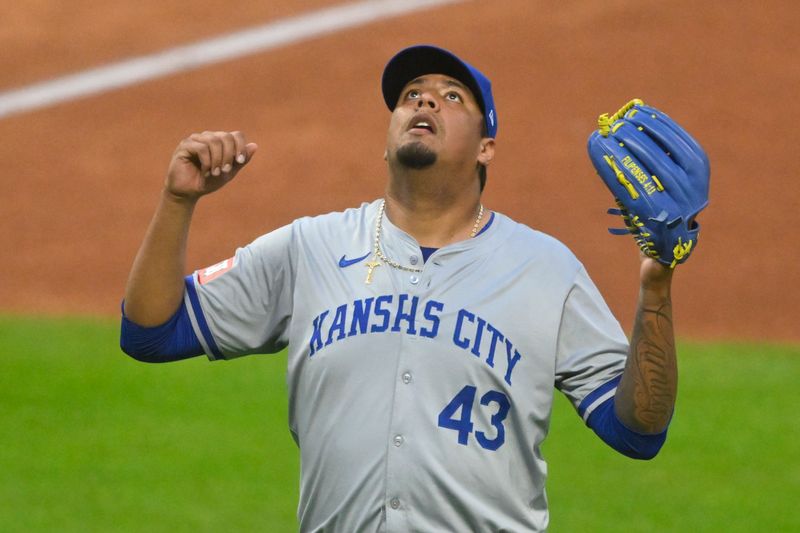 Aug 27, 2024; Cleveland, Ohio, USA; Kansas City Royals relief pitcher Carlos Hernandez (43) reacts in the third inning against the Cleveland Guardians at Progressive Field. Mandatory Credit: David Richard-USA TODAY Sports