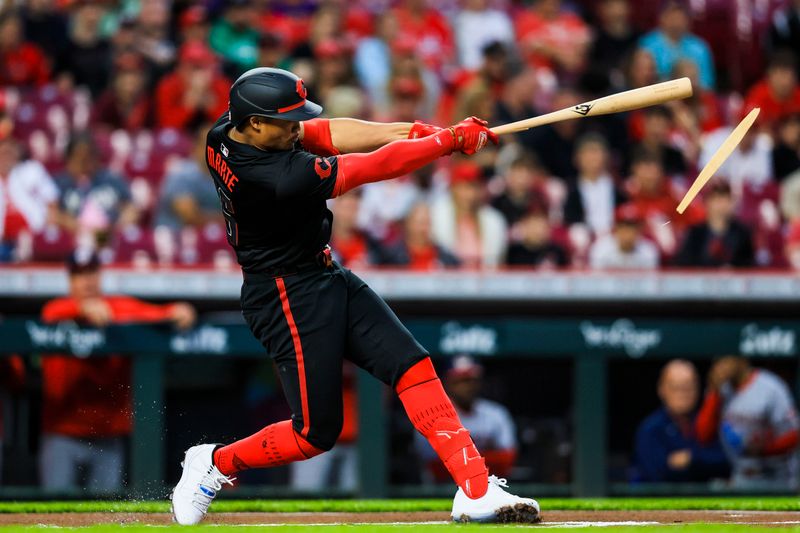 May 2, 2025; Cincinnati, Ohio, USA; Cincinnati Reds third baseman Noelvi Marte (16) breaks his bat on a pitch in the first inning against the Washington Nationals at Great American Ball Park. Mandatory Credit: Katie Stratman-Imagn Images