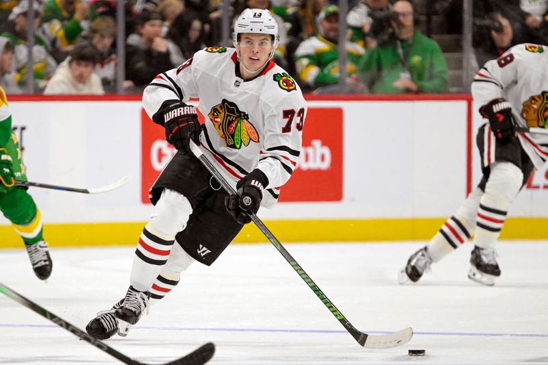 Nov 29, 2024; Saint Paul, Minnesota, USA;  Chicago Blackhawks forward Lukas Reichel (73) skates with the puck against the Minnesota Wild during the third period at Xcel Energy Center. Mandatory Credit: Nick Wosika-Imagn Images