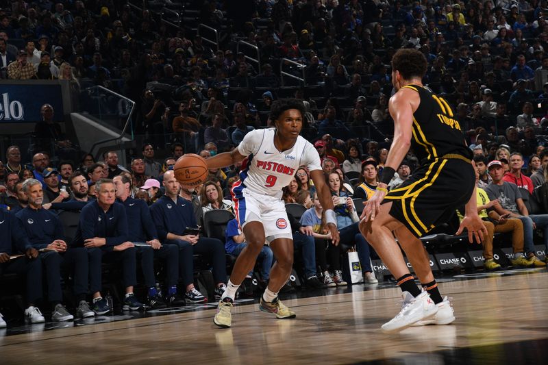 SAN FRANCISCO, CA - JANUARY 5: Ausar Thompson #9 of the Detroit Pistons dribbles the ball during the game against the Golden State Warriors on January 5, 2024 at Chase Center in San Francisco, California. NOTE TO USER: User expressly acknowledges and agrees that, by downloading and or using this photograph, user is consenting to the terms and conditions of Getty Images License Agreement. Mandatory Copyright Notice: Copyright 2024 NBAE (Photo by Noah Graham/NBAE via Getty Images)