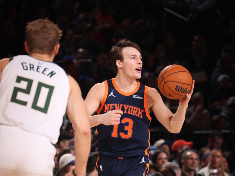 NEW YORK, NY - NOVEMBER 8: Tyler Kolek #13 of the New York Knicks handles the ball during the game against the Milwaukee Bucks on November 8, 2024 at Madison Square Garden in New York City, New York.  NOTE TO USER: User expressly acknowledges and agrees that, by downloading and or using this photograph, User is consenting to the terms and conditions of the Getty Images License Agreement. Mandatory Copyright Notice: Copyright 2024 NBAE  (Photo by Nathaniel S. Butler/NBAE via Getty Images)