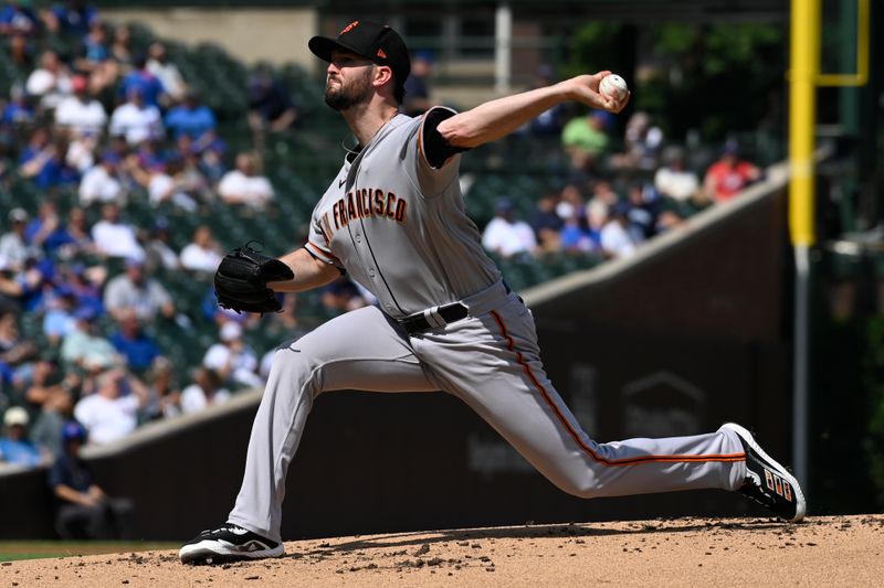 Sep 6, 2023; Chicago, Illinois, USA;  San Francisco Giants starting pitcher Alex Wood (57) delivers a pitch against the Chicago Cubs during the first inning at Wrigley Field. Mandatory Credit: Matt Marton-USA TODAY Sports