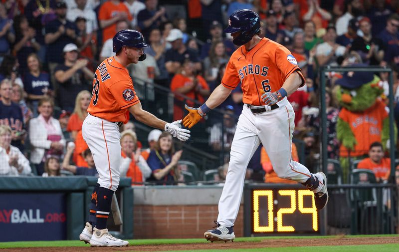 Apr 30, 2023; Houston, Texas, USA; Houston Astros center fielder Jake Meyers (6) celebrates with second baseman Rylan Bannon (38) after hitting a home run during the fourth inning against the Philadelphia Phillies at Minute Maid Park. Mandatory Credit: Troy Taormina-USA TODAY Sports