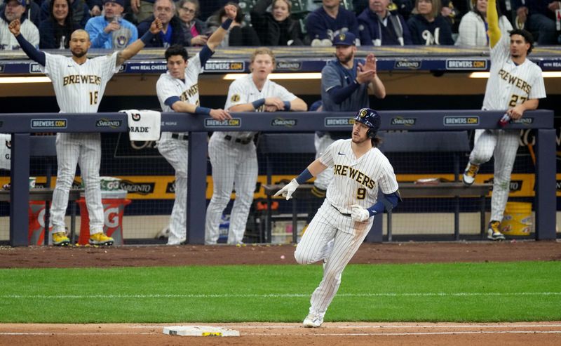 Apr 23, 2023; Milwaukee, Wisconsin, USA; Milwaukee Brewers third baseman Brian Anderson (9) rounds first base after hitting a solo home run against the Boston Red Sox during the fourth inning at American Family Field. Mandatory Credit: Mark Hoffman-USA TODAY Sports