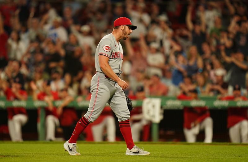 Jun 1, 2023; Boston, Massachusetts, USA; Cincinnati Reds relief pitcher Kevin Herget (57) reacts after giving up a two run home run by the Boston Red Sox in the eighth inning at Fenway Park. Mandatory Credit: David Butler II-USA TODAY Sports