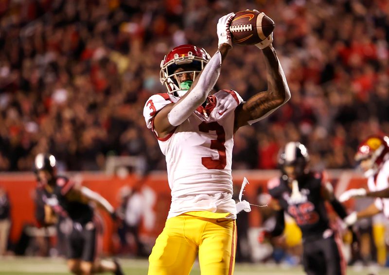 Oct 15, 2022; Salt Lake City, Utah, USA; USC Trojans wide receiver Jordan Addison (3) catches a pass against the Utah Utes in the second half at Rice-Eccles Stadium. Mandatory Credit: Rob Gray-USA TODAY Sports