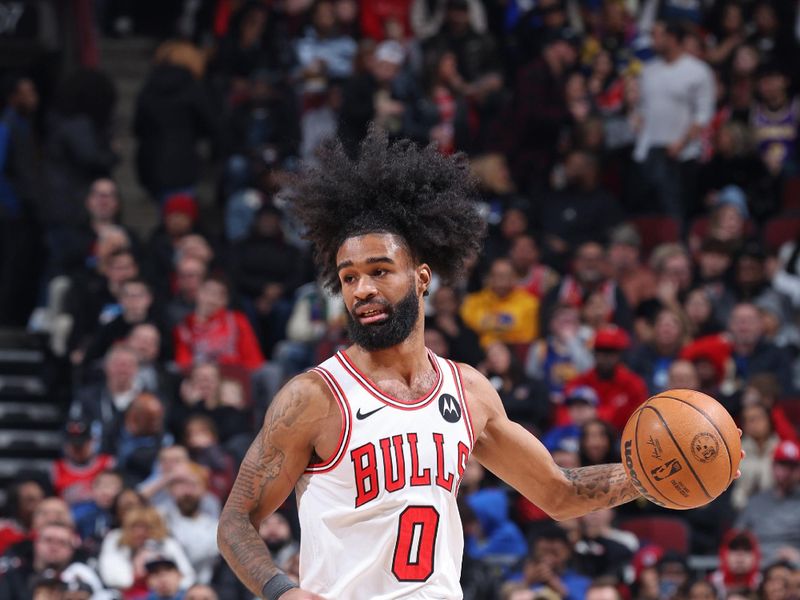 CHICAGO, IL - JANUARY 12: Coby White #0 of the Chicago Bulls brings the ball up court during the game against the Golden State Warriors on January 12, 2024 at United Center in Chicago, Illinois. NOTE TO USER: User expressly acknowledges and agrees that, by downloading and or using this photograph, User is consenting to the terms and conditions of the Getty Images License Agreement. Mandatory Copyright Notice: Copyright 2024 NBAE (Photo by Jeff Haynes/NBAE via Getty Images)