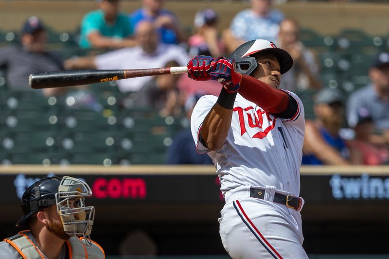 Aug 16, 2023; Minneapolis, Minnesota, USA; Minnesota Twins designated hitter Jorge Polanco (11) hits a two run home run against the Detroit Tigers in the ninth inning at Target Field. Mandatory Credit: Jesse Johnson-USA TODAY Sports