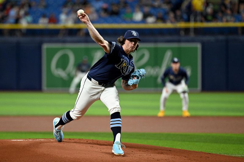 Apr 23, 2024; St. Petersburg, Florida, USA; Tampa Bay Rays starting pitcher Ryan Pepiot (44) throws a pitch in the first inning against the Detroit Tigers at Tropicana Field. Mandatory Credit: Jonathan Dyer-USA TODAY Sports