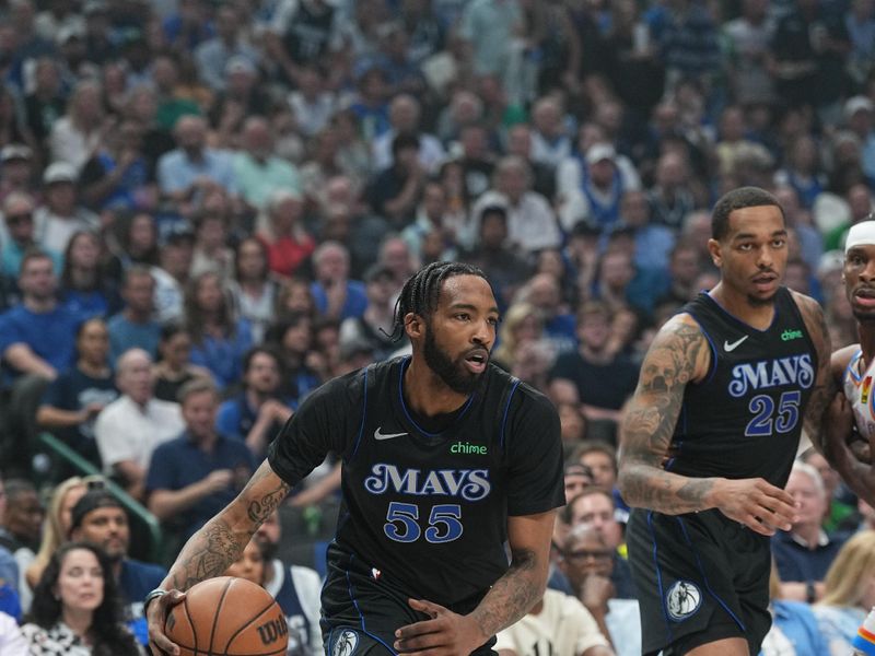 DALLAS, TX - MAY 18:  Derrick Jones Jr. #55 of the Dallas Mavericks goes to the basket during the game against the Oklahoma City Thunder during Round 2 Game 6 of the 2024 NBA Playoffs  on May 18, 2024  at the American Airlines Center in Dallas, Texas. NOTE TO USER: User expressly acknowledges and agrees that, by downloading and or using this photograph, User is consenting to the terms and conditions of the Getty Images License Agreement. Mandatory Copyright Notice: Copyright 2024 NBAE (Photo by Glenn James/NBAE via Getty Images)