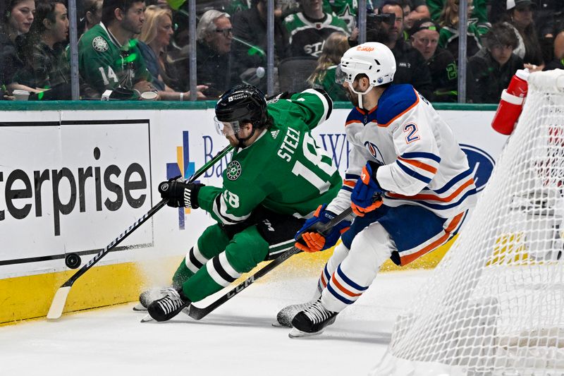 May 25, 2024; Dallas, Texas, USA; Dallas Stars center Sam Steel (18) and Edmonton Oilers defenseman Evan Bouchard (2) chase the puck during the second period in game two of the Western Conference Final of the 2024 Stanley Cup Playoffs at American Airlines Center. Mandatory Credit: Jerome Miron-USA TODAY Sports