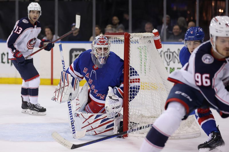 Feb 28, 2024; New York, New York, USA; New York Rangers goaltender Igor Shesterkin (31) tends net against the Columbus Blue Jackets during the first period at Madison Square Garden. Mandatory Credit: Brad Penner-USA TODAY Sports