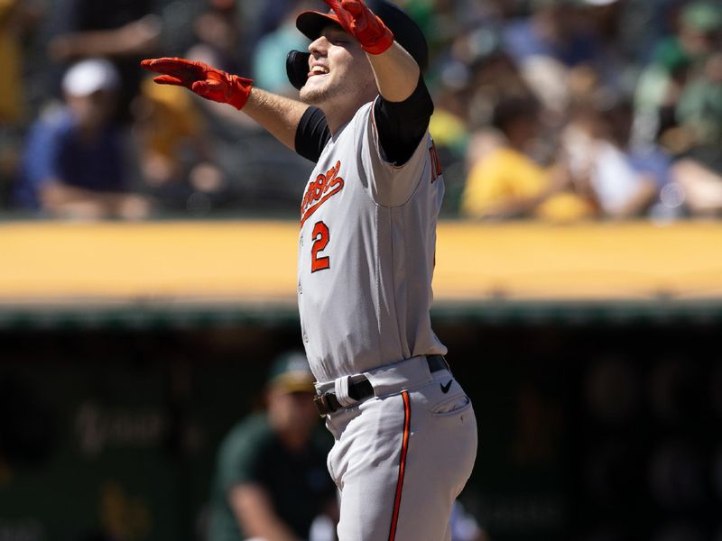 Aug 20, 2023; Oakland, California, USA; Baltimore Orioles designated hitter Gunnar Henderson (2) celebrates his solo home run during the seventh inning at Oakland-Alameda County Coliseum. Mandatory Credit: D. Ross Cameron-USA TODAY Sports