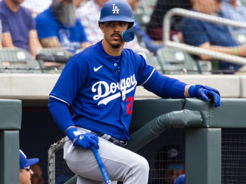 Feb 26, 2024; Salt River Pima-Maricopa, Arizona, USA; Los Angeles Dodgers outfielder Miguel Vargas against the Colorado Rockies during a spring training game at Salt River Fields at Talking Stick. Mandatory Credit: Mark J. Rebilas-USA TODAY Sports