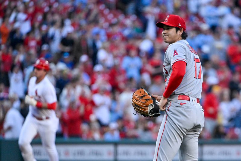 May 3, 2023; St. Louis, Missouri, USA;  Los Angeles Angels starting pitcher Shohei Ohtani (17) looks on after giving up a solo home run to St. Louis Cardinals designated hitter Nolan Gorman (16) during the first inning at Busch Stadium. Mandatory Credit: Jeff Curry-USA TODAY Sports