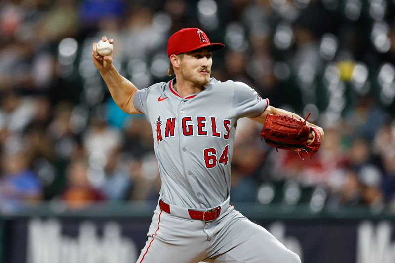 Sep 24, 2024; Chicago, Illinois, USA; Los Angeles Angels starting pitcher Jack Kochanowicz (64) delivers a pitch against the Chicago White Sox during the first inning at Guaranteed Rate Field. Mandatory Credit: Kamil Krzaczynski-Imagn Images