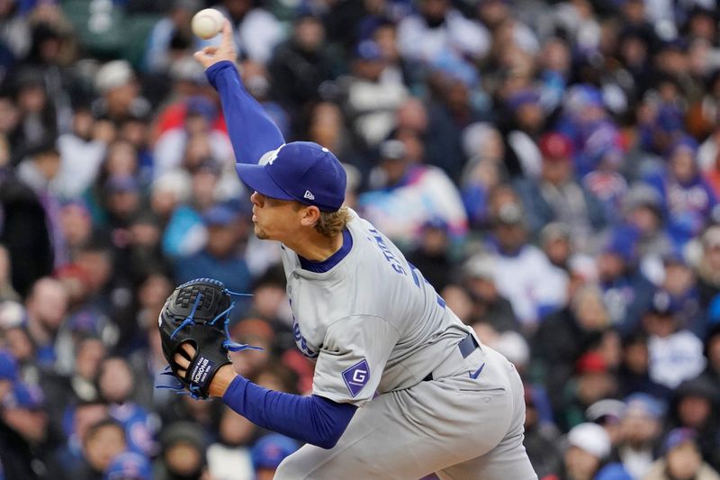 Apr 7, 2024; Chicago, Illinois, USA; Los Angeles Dodgers pitcher Gavin Stone (71) pitches against the Chicago Cubs during the first inning at Wrigley Field. Mandatory Credit: David Banks-USA TODAY Sports