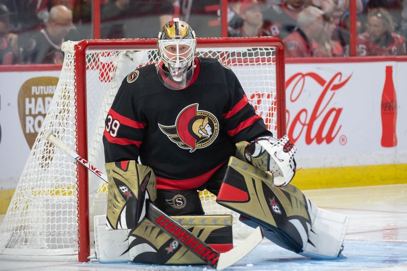 Oct 24, 2022; Ottawa, Ontario, CAN; Ottawa Senators goalie Magnus Hellberg (39) looks up the ice prior to the start of the second period against the Dallas Stars at the Canadian Tire Centre. Mandatory Credit: Marc DesRosiers-USA TODAY Sports