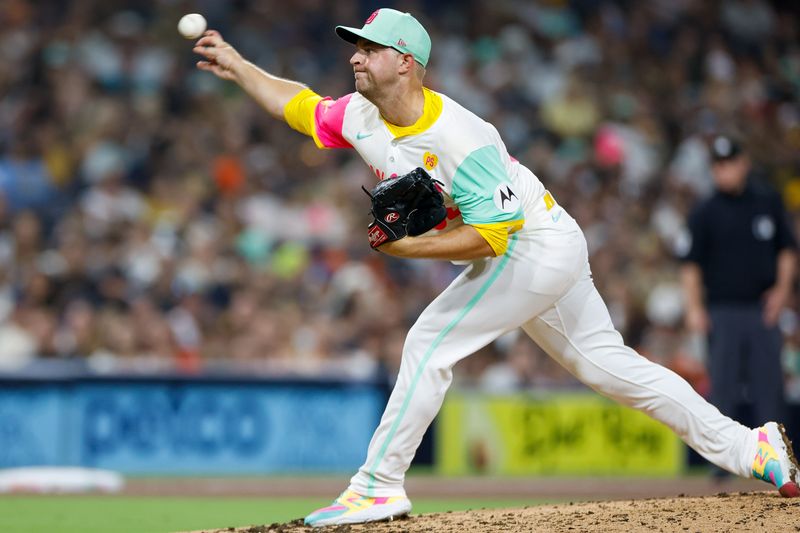 Sep 6, 2024; San Diego, California, USA; San Diego Padres starting pitcher Michael King (34) throws a pitch during the fifth inning against the San Francisco Giants at Petco Park. Mandatory Credit: David Frerker-Imagn Images