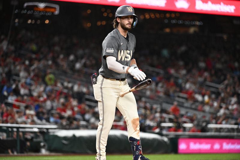 Sep 27, 2024; Washington, District of Columbia, USA;  Washington Nationals outfielder Dylan Crews (3) draws a walk during the second inning against the Philadelphia Phillies at Nationals Park. Mandatory Credit: James A. Pittman-Imagn Images