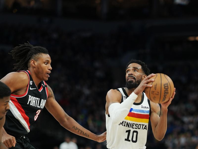 MINNEAPOLIS, MN -  APRIL 2: Mike Conley #10 of the Minnesota Timberwolves shoots the ball during the game against the Portland Trail Blazers on April 2, 2023 at Target Center in Minneapolis, Minnesota. NOTE TO USER: User expressly acknowledges and agrees that, by downloading and or using this Photograph, user is consenting to the terms and conditions of the Getty Images License Agreement. Mandatory Copyright Notice: Copyright 2023 NBAE (Photo by Jordan Johnson/NBAE via Getty Images)