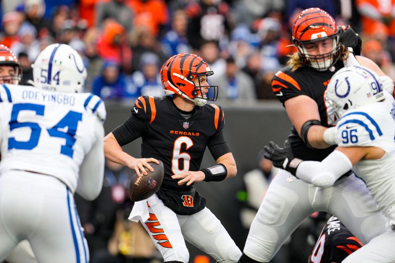 Cincinnati Bengals quarterback Jake Browning (6) throws against the Indianapolis Colts in the first half of an NFL football game in Cincinnati, Sunday, Dec. 10, 2023. (AP Photo/Jeff Dean)