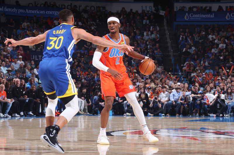 OKLAHOMA CITY, OK - NOVEMBER 10: Shai Gilgeous-Alexander #2 of the Oklahoma City Thunder dribbles the ball during the game against the Golden State Warriors on November 10, 2024 at Paycom Center in Oklahoma City, Oklahoma. NOTE TO USER: User expressly acknowledges and agrees that, by downloading and or using this photograph, User is consenting to the terms and conditions of the Getty Images License Agreement. Mandatory Copyright Notice: Copyright 2024 NBAE (Photo by Nathaniel S. Butler/NBAE via Getty Images)