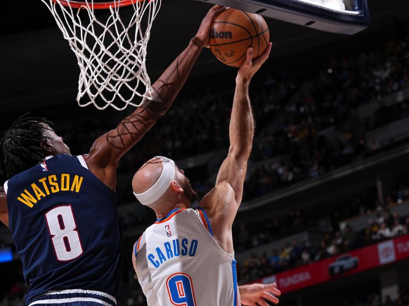 DENVER, CO - NOVEMBER 6:  Peyton Watson #8 of the Denver Nuggets blocks shot against the Oklahoma City Thunderduring a regular season game on November 6, 2024 at Ball Arena in Denver, Colorado. NOTE TO USER: User expressly acknowledges and agrees that, by downloading and/or using this Photograph, user is consenting to the terms and conditions of the Getty Images License Agreement. Mandatory Copyright Notice: Copyright 2024 NBAE (Photo by Bart Young/NBAE via Getty Images)