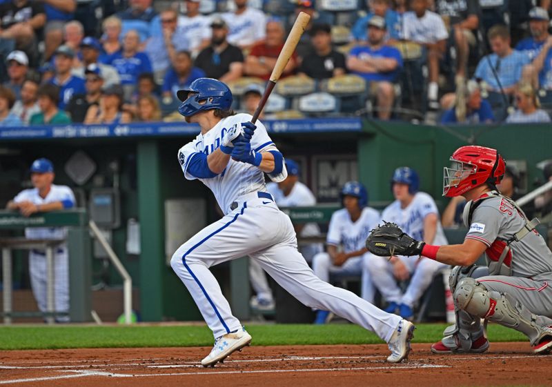 Jun 14, 2023; Kansas City, Missouri, USA;  Kansas City Royals shortstop Bobby Witt Jr. (7) doubles in the first inning against the Cincinnati Reds at Kauffman Stadium. Mandatory Credit: Peter Aiken-USA TODAY Sports