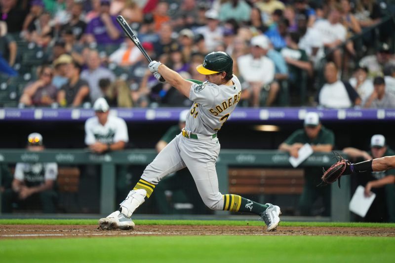 Jul 29, 2023; Denver, Colorado, USA; Oakland Athletics catcher Tyler Soderstrom (37) RBI singles in the sixth inning against the Colorado Rockies at Coors Field. Mandatory Credit: Ron Chenoy-USA TODAY Sports