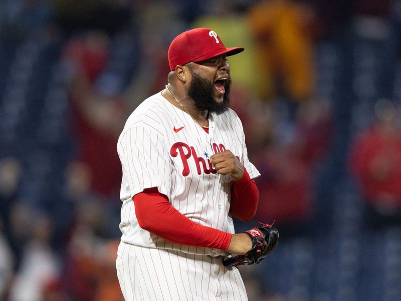 Apr 26, 2023; Philadelphia, Pennsylvania, USA; Philadelphia Phillies relief pitcher Jose Alvarado (46) reacts after a strike out to end the game with a victory against the Seattle Mariners in the ninth inning at Citizens Bank Park. Mandatory Credit: Bill Streicher-USA TODAY Sports