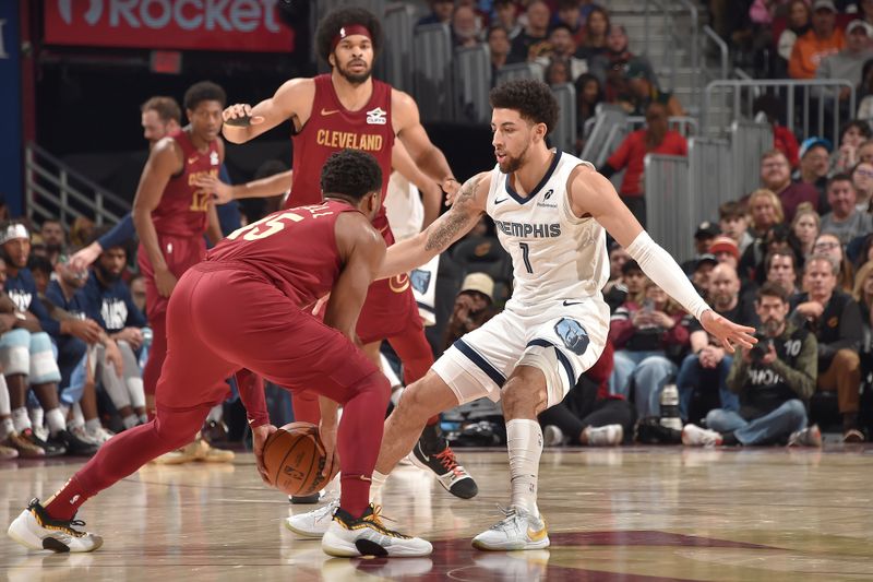 CLEVELAND, OH - FEBRUARY 23: Scotty Pippen Jr. #1 of the Memphis Grizzlies plays defense during the game against the Cleveland Cavaliers on February 23 , 2025 at Rocket Arena in Cleveland, Ohio. NOTE TO USER: User expressly acknowledges and agrees that, by downloading and/or using this Photograph, user is consenting to the terms and conditions of the Getty Images License Agreement. Mandatory Copyright Notice: Copyright 2025 NBAE (Photo by David Liam Kyle/NBAE via Getty Images)