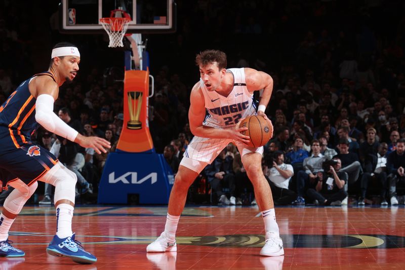 NEW YORK, NY - DECEMBER 3: Franz Wagner #22 of the Orlando Magic handles the ball during the game against the New York Knicks during the Emirates NBA Cup on December 3, 2024 at Madison Square Garden in New York City, New York.  NOTE TO USER: User expressly acknowledges and agrees that, by downloading and or using this photograph, User is consenting to the terms and conditions of the Getty Images License Agreement. Mandatory Copyright Notice: Copyright 2024 NBAE  (Photo by Nathaniel S. Butler/NBAE via Getty Images)