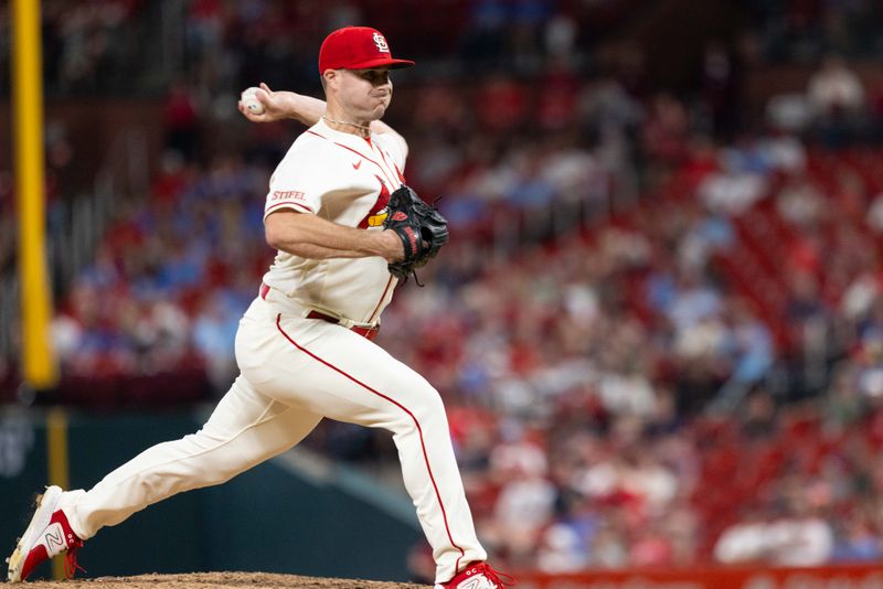 Sep 30, 2023; St. Louis, Missouri, USA; St. Louis Cardinals relief pitcher John King (47) pitches against the Cincinnati Reds in the eighth inning at Busch Stadium. Mandatory Credit: Zach Dalin-USA TODAY Sports