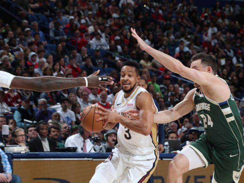 NEW ORLEANS, LA - MARCH 28: CJ McCollum #3 of the New Orleans Pelicans goes to the basket during the game on March 28, 2024 at the Smoothie King Center in New Orleans, Louisiana. NOTE TO USER: User expressly acknowledges and agrees that, by downloading and or using this Photograph, user is consenting to the terms and conditions of the Getty Images License Agreement. Mandatory Copyright Notice: Copyright 2024 NBAE (Photo by Layne Murdoch Jr./NBAE via Getty Images)