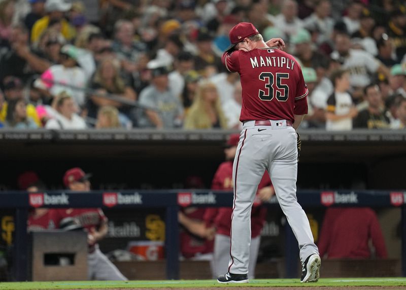 Aug 18, 2023; San Diego, California, USA; Arizona Diamondbacks relief pitcher Joe Mantiply (35) leaves the field at the end of the eighth inning against the San Diego Padres at Petco Park. Mandatory Credit: Ray Acevedo-USA TODAY Sports