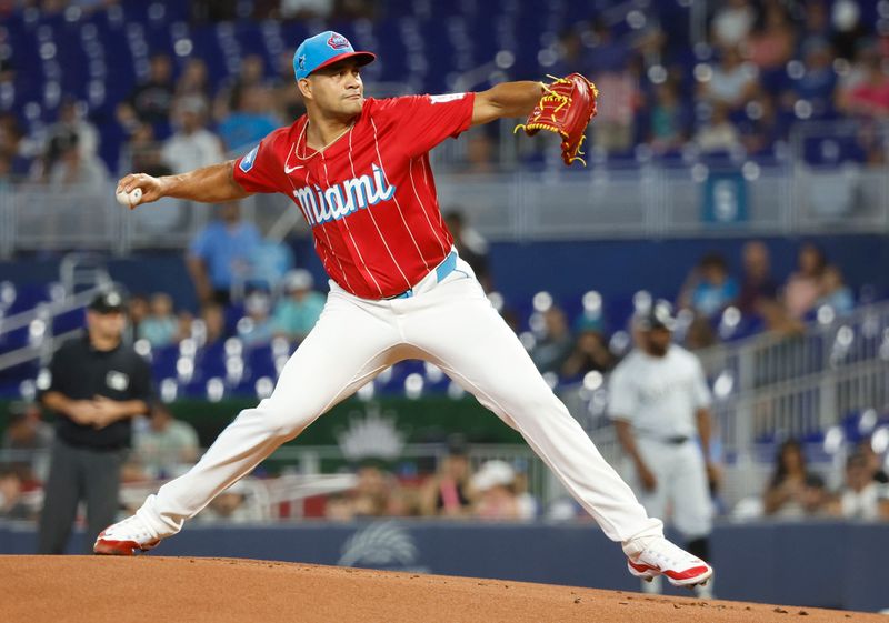 Jul 6, 2024; Miami, Florida, USA;  Miami Marlins starting pitcher Yonny Chirinos (26) pitches against the White Sox during the first inning at loanDepot Park. Mandatory Credit: Rhona Wise-USA TODAY Sports