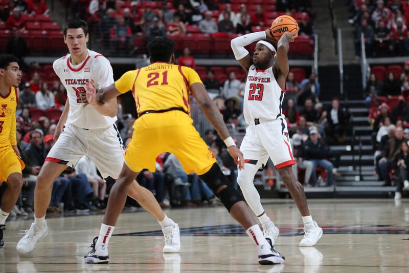 Jan 30, 2023; Lubbock, Texas, USA;  Texas Tech Red Raiders guard De   Vion Harmon (23) looks to pass the ball against Iowa State Cyclones center Osun Osunniyi (21) in the first half at United Supermarkets Arena. Mandatory Credit: Michael C. Johnson-USA TODAY Sports