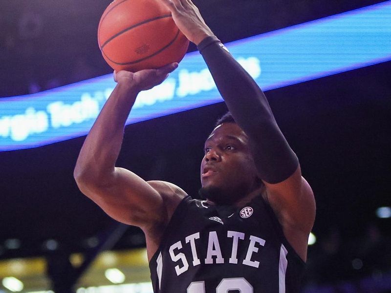 Nov 28, 2023; Atlanta, Georgia, USA; Mississippi State Bulldogs guard Josh Hubbard (13) shoots against the Georgia Tech Yellow Jackets in the first half at McCamish Pavilion. Mandatory Credit: Brett Davis-USA TODAY Sports