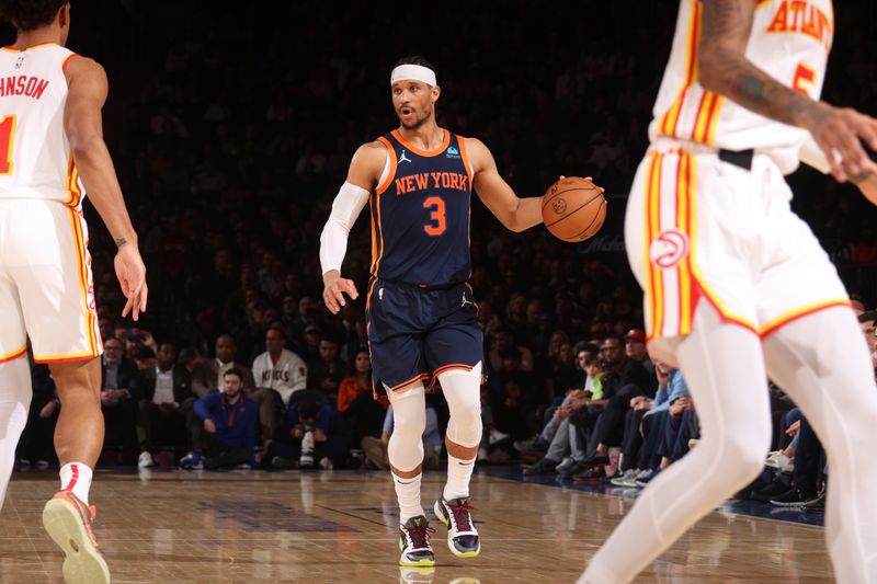 NEW YORK, NY - MARCH 5:  Josh Hart #3 of the New York Knicks handles the ball during the game against the Atlanta Hawks on March 5, 2024 at Madison Square Garden in New York City, New York.  NOTE TO USER: User expressly acknowledges and agrees that, by downloading and or using this photograph, User is consenting to the terms and conditions of the Getty Images License Agreement. Mandatory Copyright Notice: Copyright 2024 NBAE  (Photo by Nathaniel S. Butler/NBAE via Getty Images)